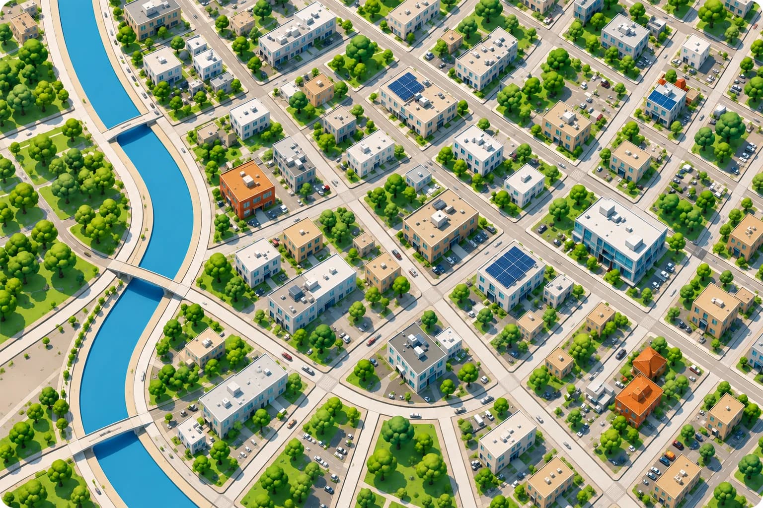 Aerial view of a neighborhood of homes, shops and tree-lined streets
