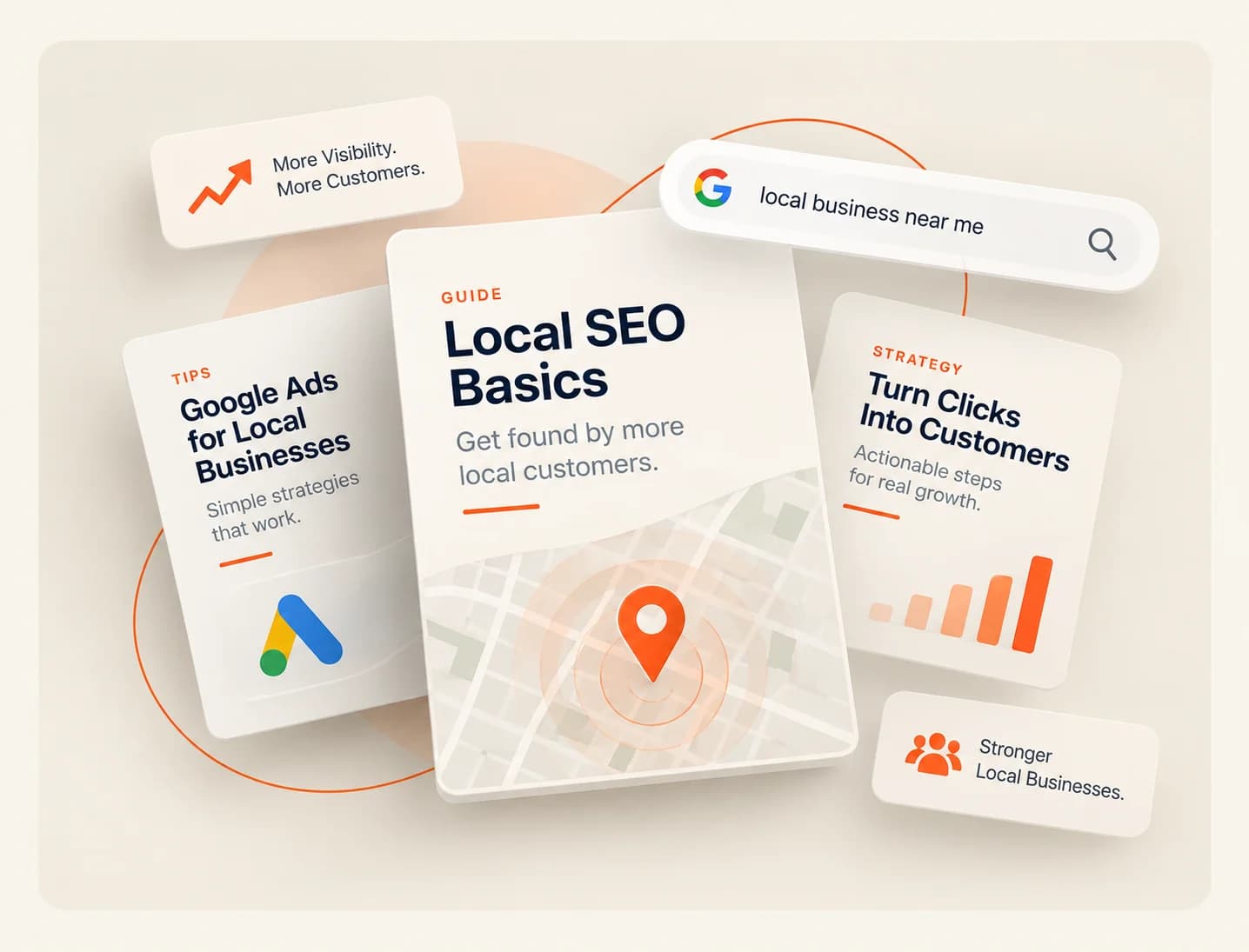 Guide covers for Local SEO Basics, Google Ads for Local Businesses and Turning Clicks Into Customers, arranged around a Google search for “local business near me”