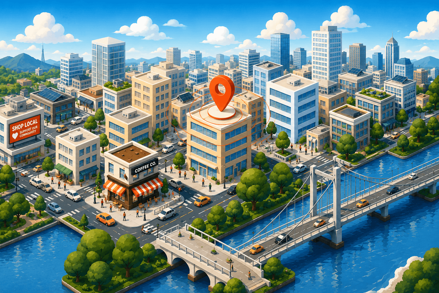 Local business district with broadcast pin and bridge